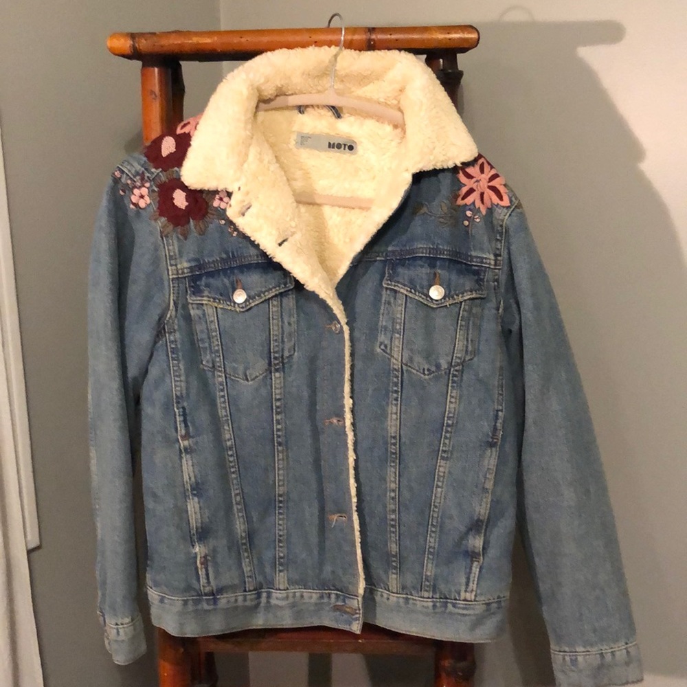 Top Shop Moto Sherpa lined jean jacket with floral stitching